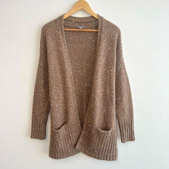 J. Jill Womens Small Brown Wool Open Cardigan Sweater Pockets Sequin Sparkle - Picture 1 of 9